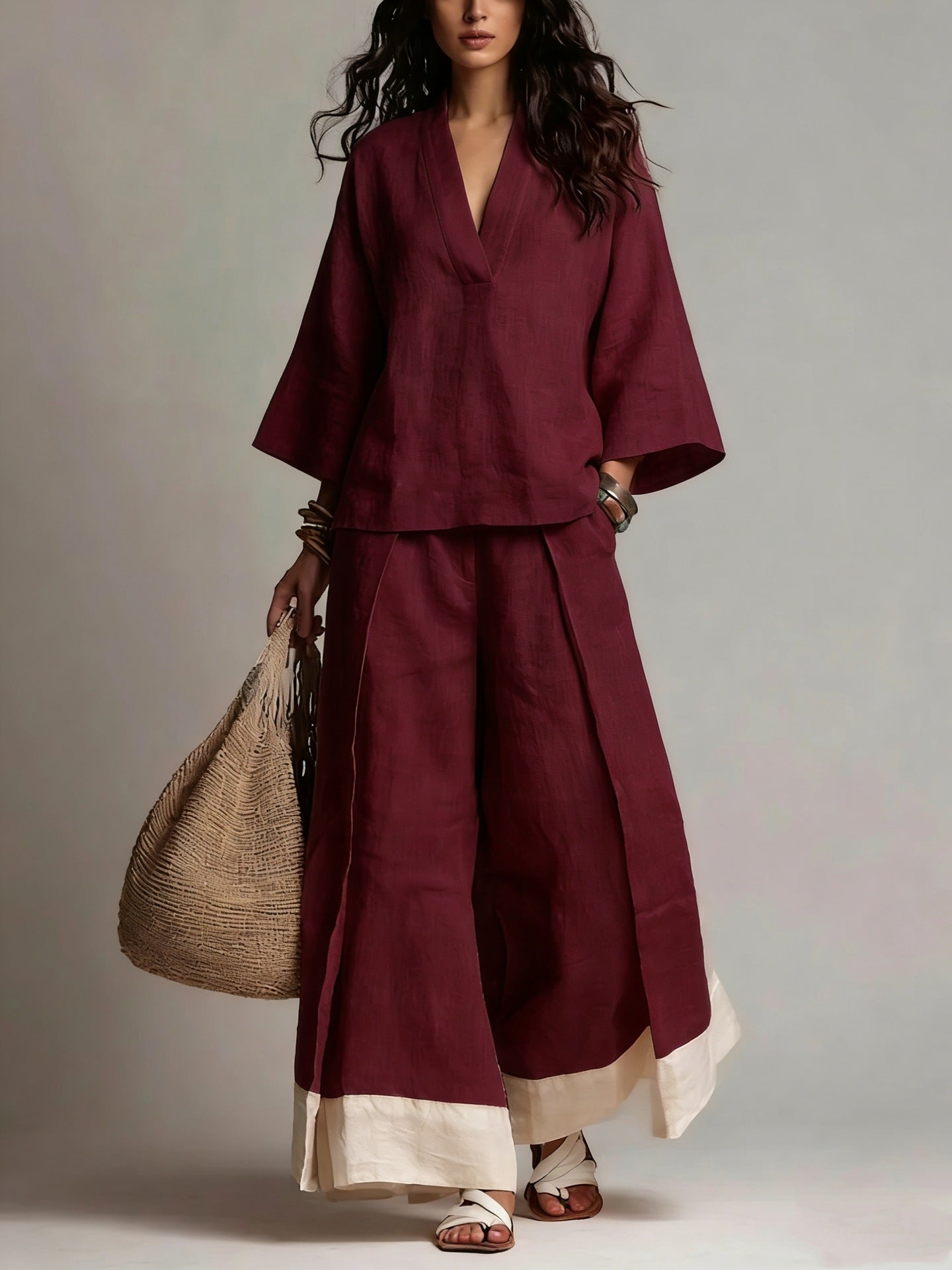 Women's Cotton Linen Shirt and Wide-Leg Pants Set