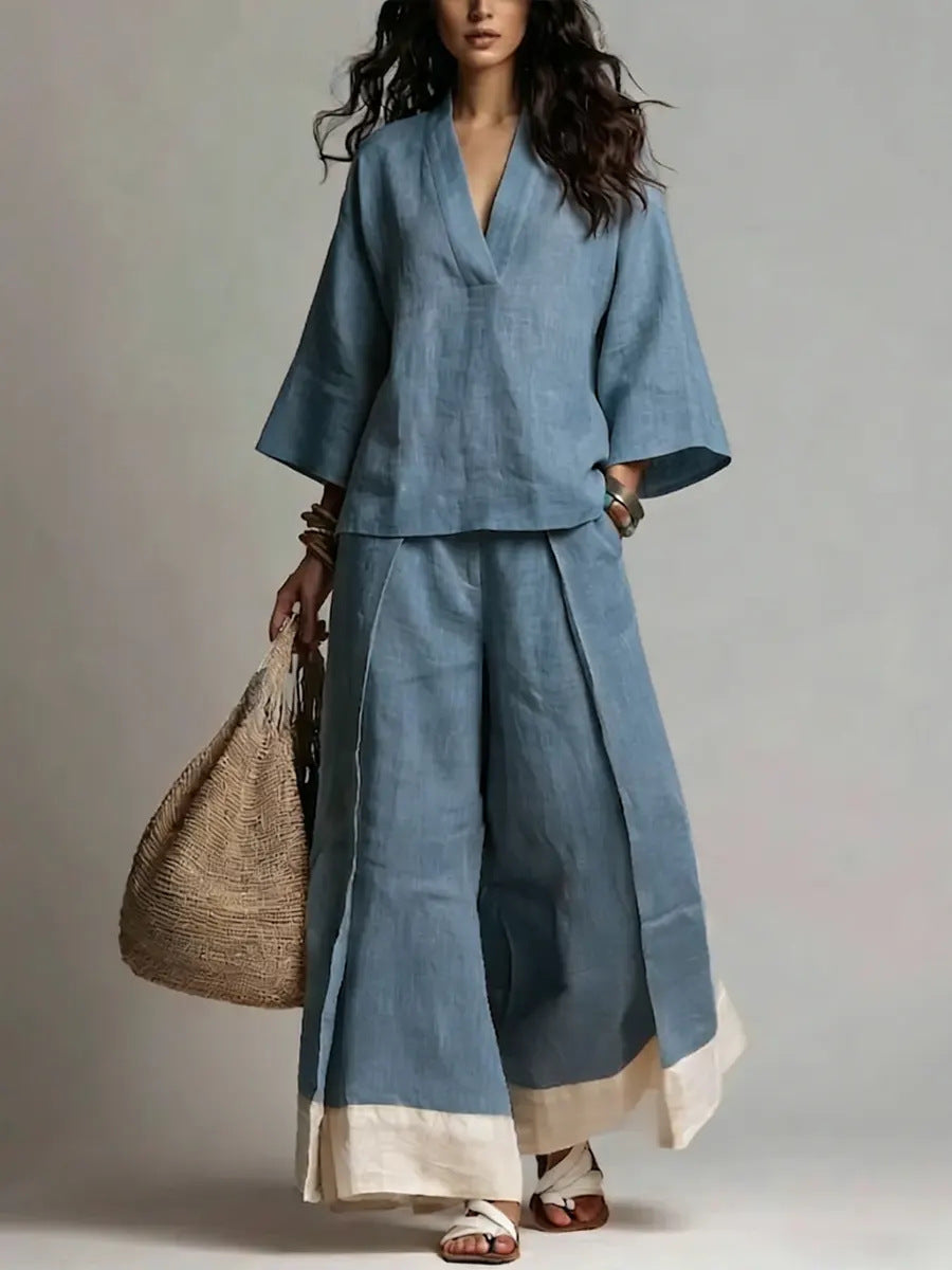 Women's Cotton Linen Shirt and Wide-Leg Pants Set