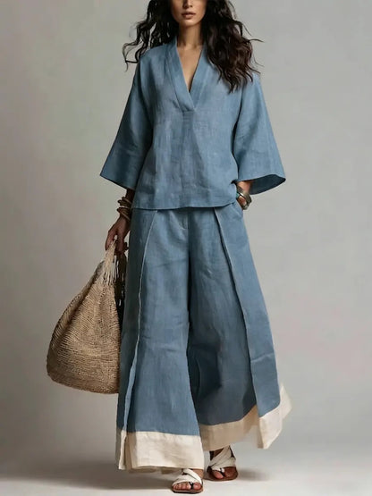 Women's Cotton Linen Shirt and Wide-Leg Pants Set