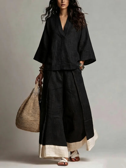 Women's Cotton Linen Shirt and Wide-Leg Pants Set