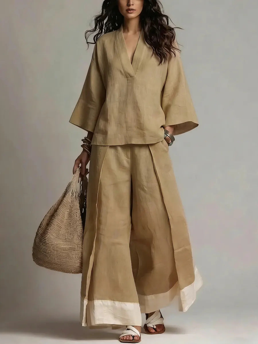 Women's Cotton Linen Shirt and Wide-Leg Pants Set