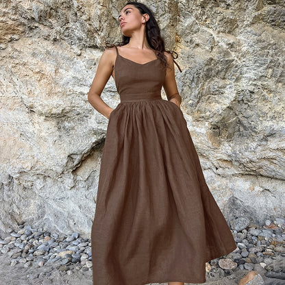 Women's Cotton Linen Suspender Dress