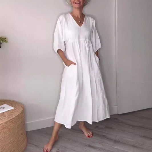 Women's Cotton Linen V-Neck Pleated Pocket Dress