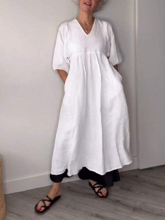 Women's Cotton Linen V-Neck Pleated Pocket Dress