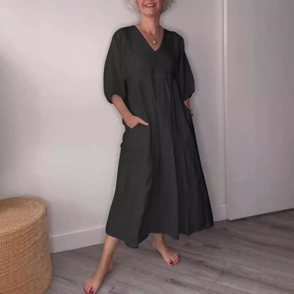 Women's Cotton Linen V-Neck Pleated Pocket Dress