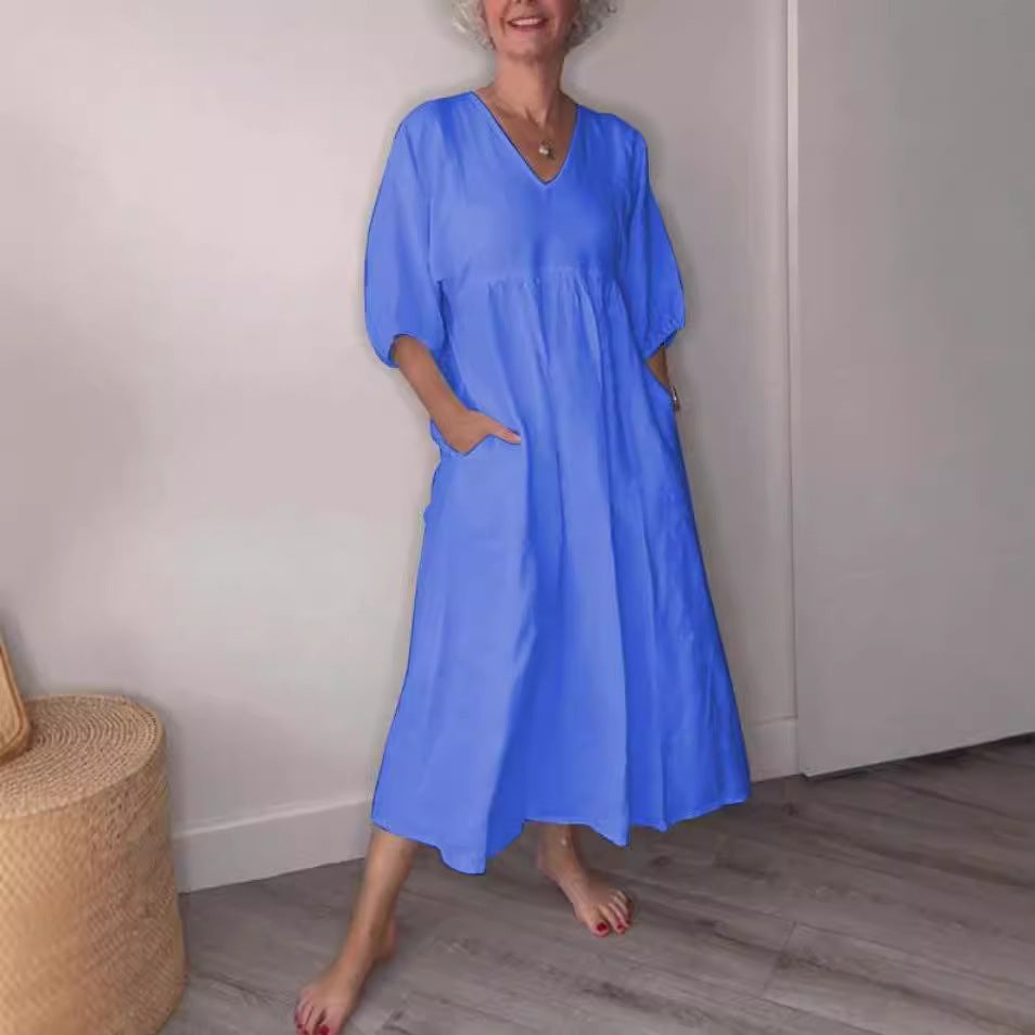 Women's Cotton Linen V-Neck Pleated Pocket Dress