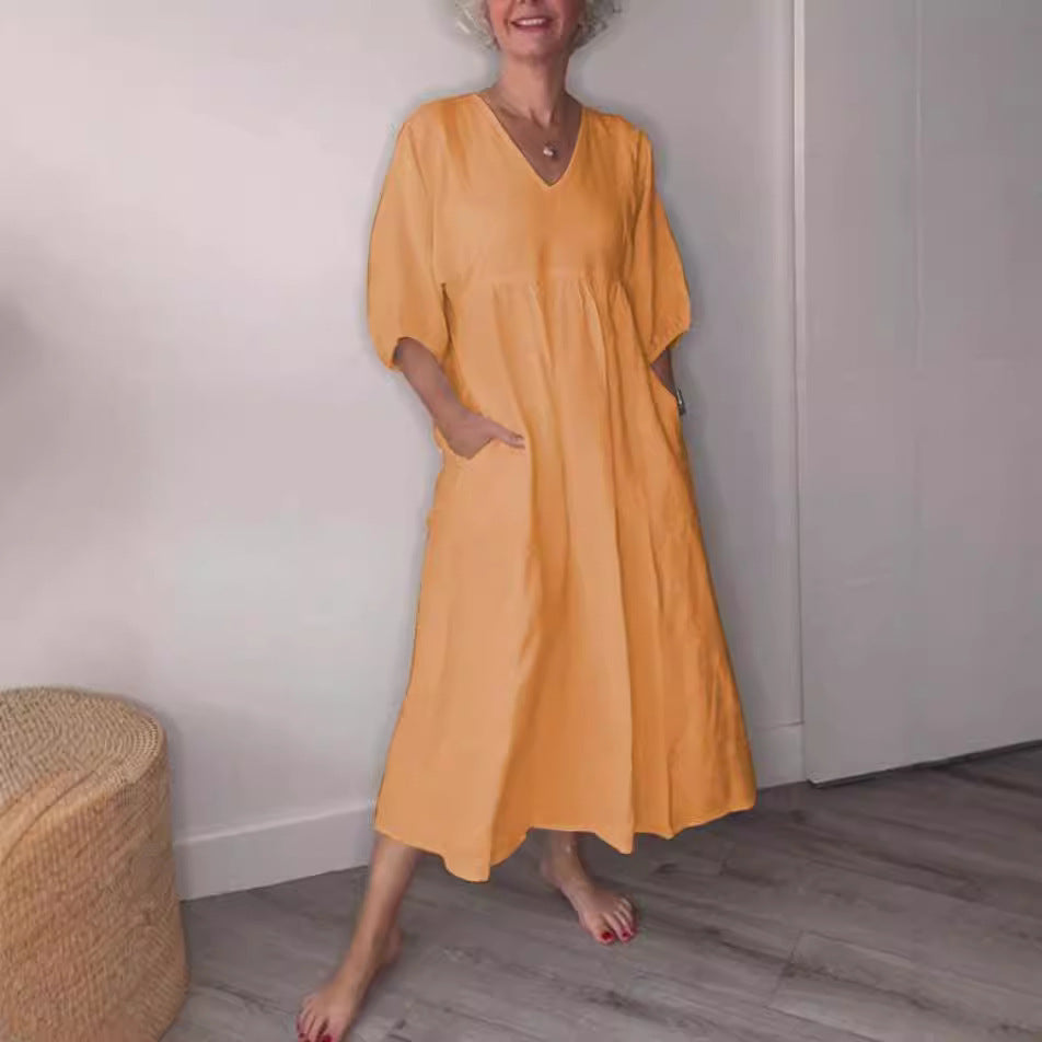 Women's Cotton Linen V-Neck Pleated Pocket Dress