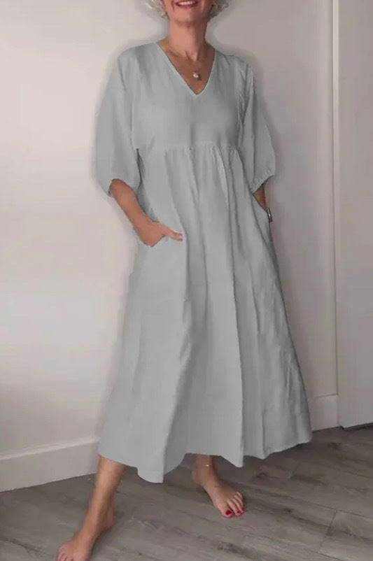 Women's Cotton Linen V-Neck Pleated Pocket Dress