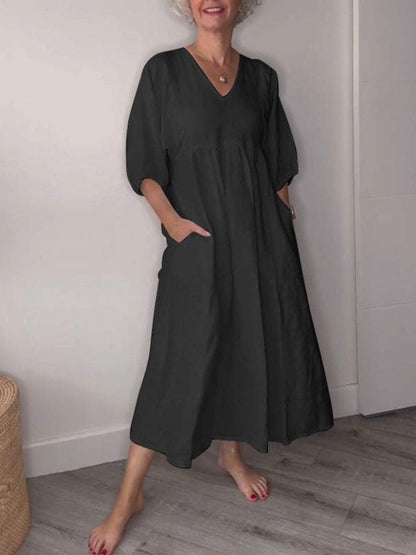 Women's Cotton Linen V-Neck Pleated Pocket Dress