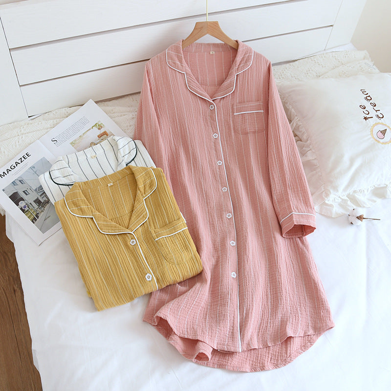 Women's Cotton Long Sleeve Crepe Striped Nightgown