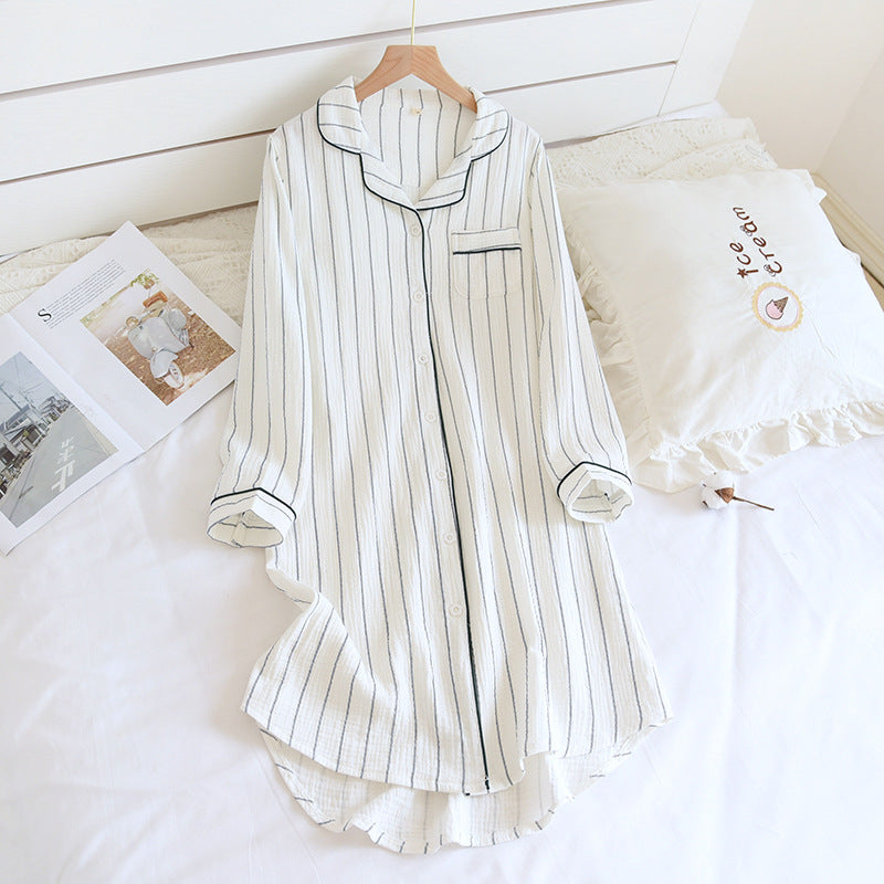Women's Cotton Long Sleeve Crepe Striped Nightgown