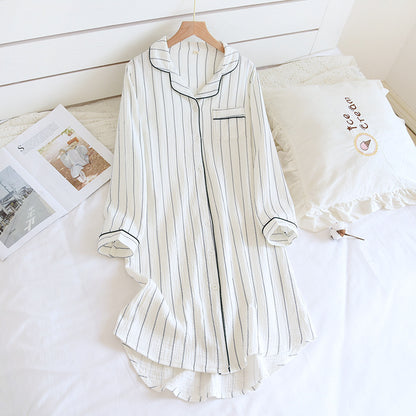 Women's Cotton Long Sleeve Crepe Striped Nightgown