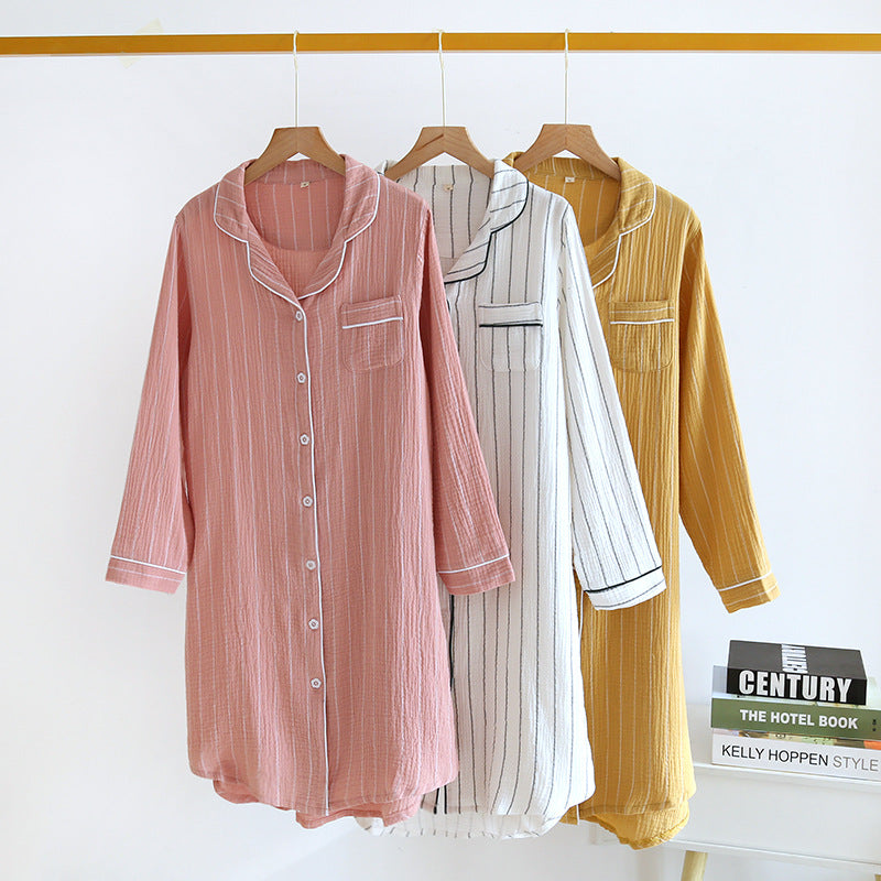 Women's Cotton Long Sleeve Crepe Striped Nightgown