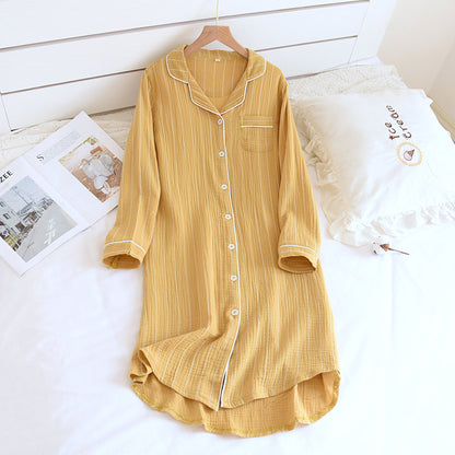 Women's Cotton Long Sleeve Crepe Striped Nightgown