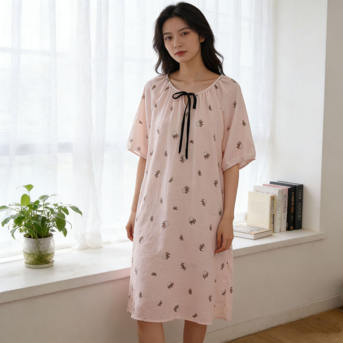 Women's Cotton Nightgown with Puff Sleeves