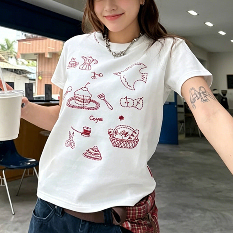Women's Cotton Short Sleeve Cartoon Print T-shirt
