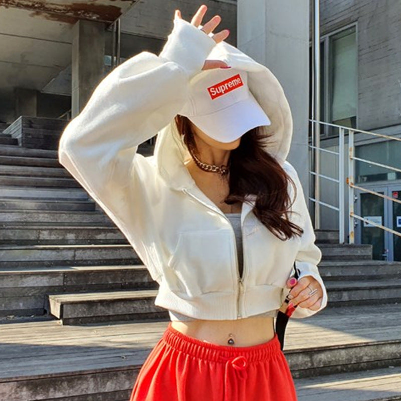 Women's Cotton Zipper Hoodie Streetwear Short Crop Sweatshirt