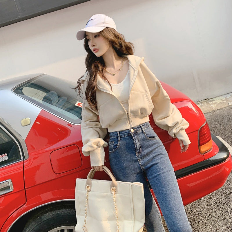 Women's Cotton Zipper Hoodie Streetwear Short Crop Sweatshirt