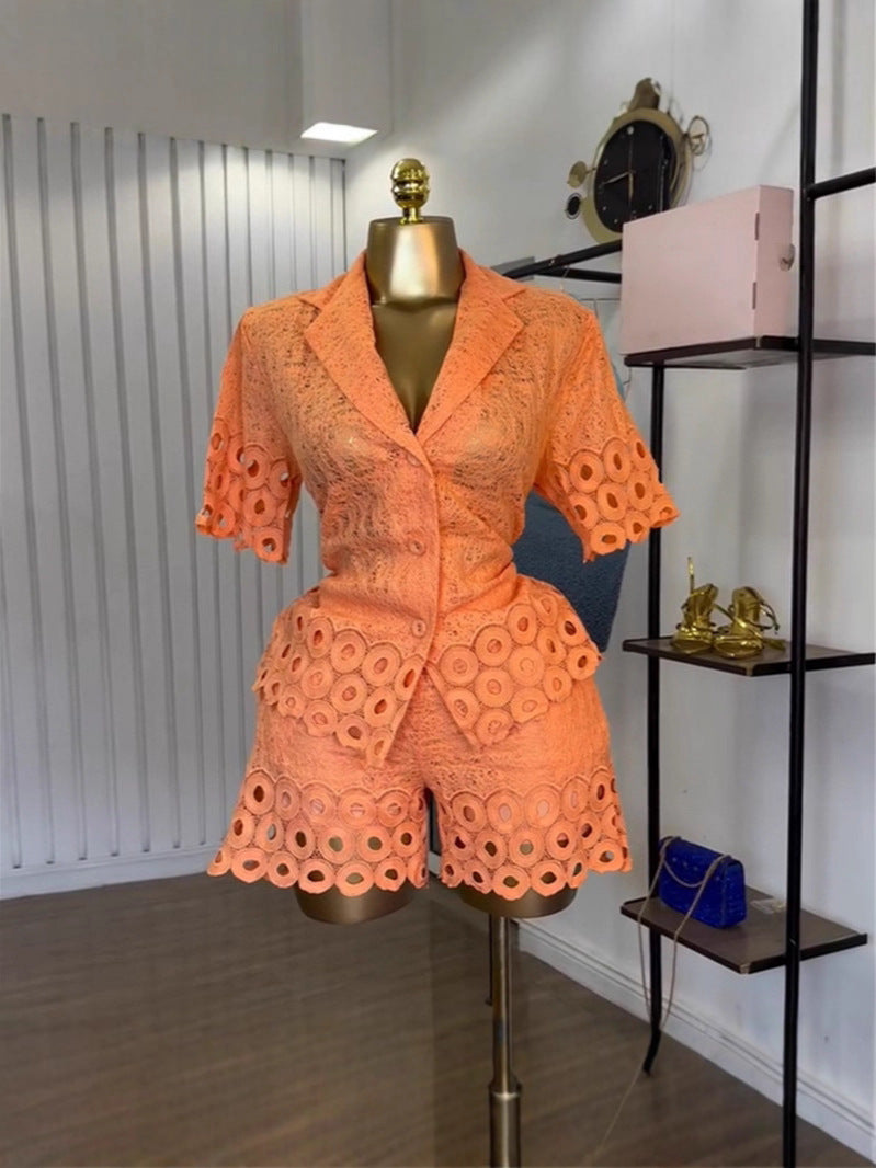 Women's Crochet Embroidered Short-Sleeve Shirt and Shorts Set