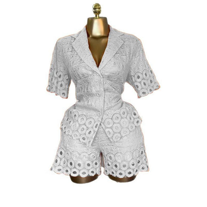 Women's Crochet Embroidered Short-Sleeve Shirt and Shorts Set
