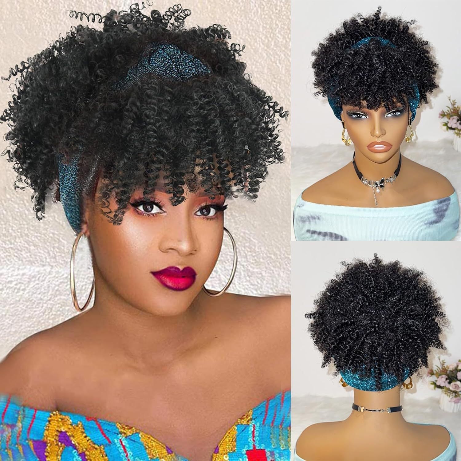Women's Curly Headband Wig with Bangs