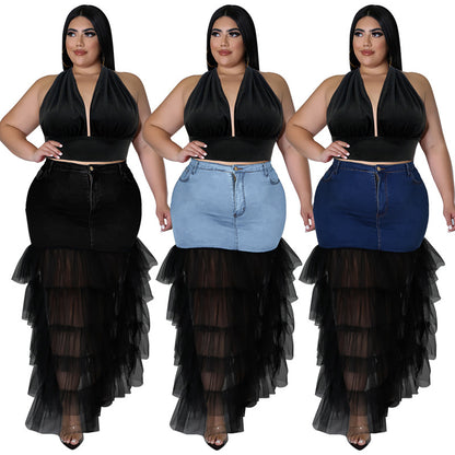 Women's Denim and Mesh Skirt Set