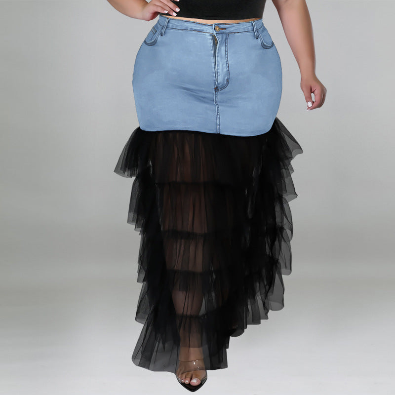 Women's Denim and Mesh Skirt Set