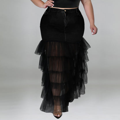 Women's Denim and Mesh Skirt Set