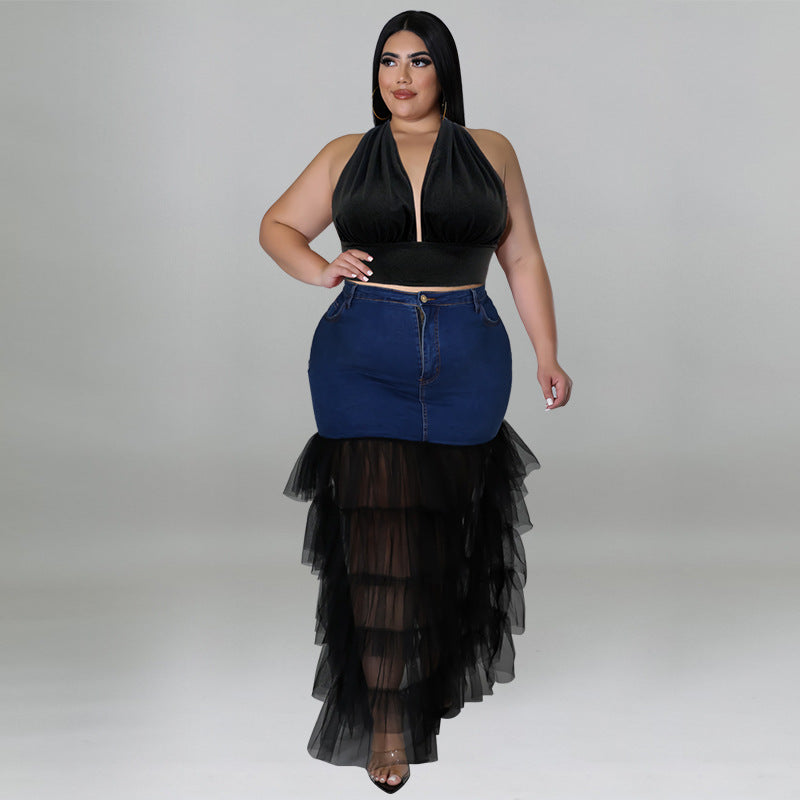 Women's Denim and Mesh Skirt Set