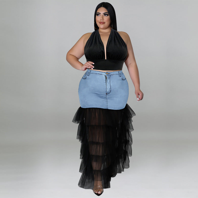 Women's Denim and Mesh Skirt Set