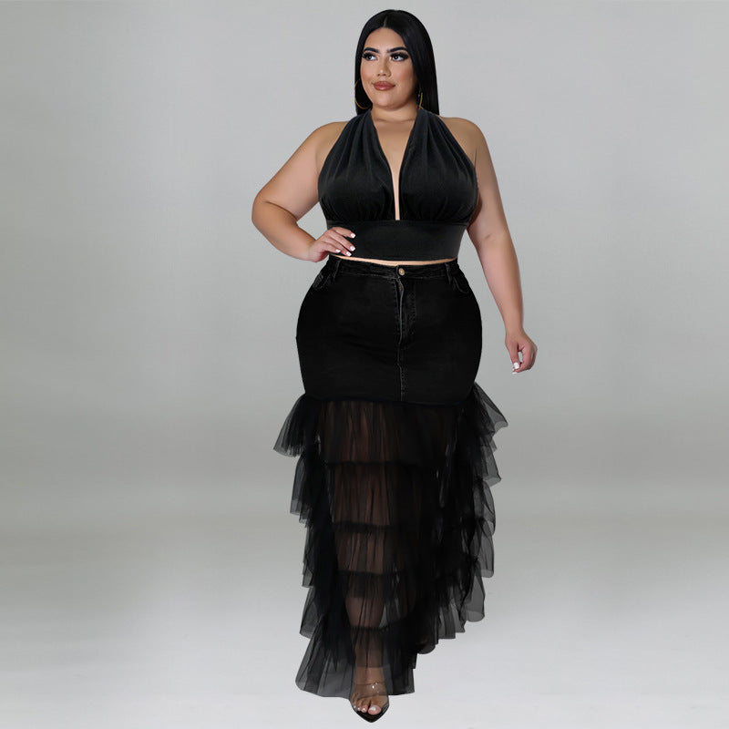 Women's Denim and Mesh Skirt Set