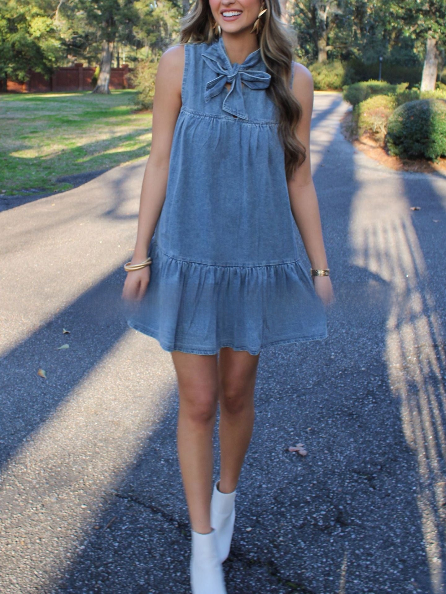 Women's Denim Bow Tie A-Line Dress