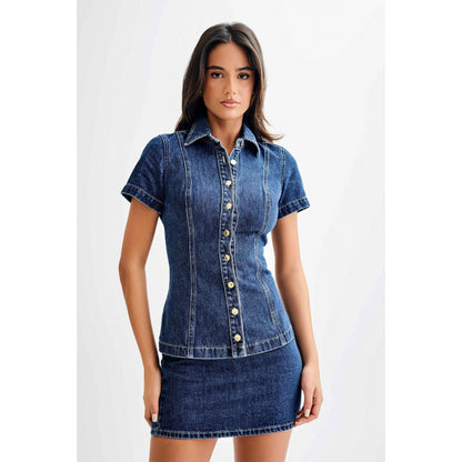 Women's Denim Button Lapel Top and High-Waisted Skirt