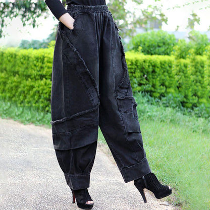 Women's Denim Harem Pants High Waist Wide Leg