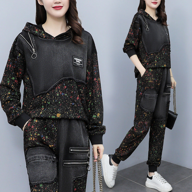 Women's Denim Hooded Sweater and Pants Set