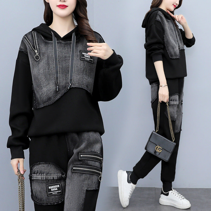 Women's Denim Hooded Sweater and Pants Set