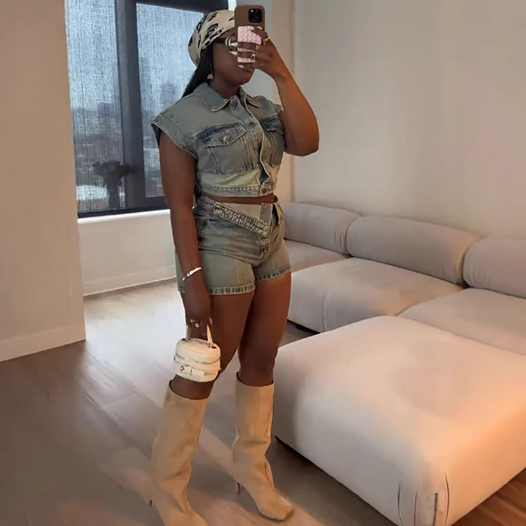 Women's denim jacket and high-waisted shorts
