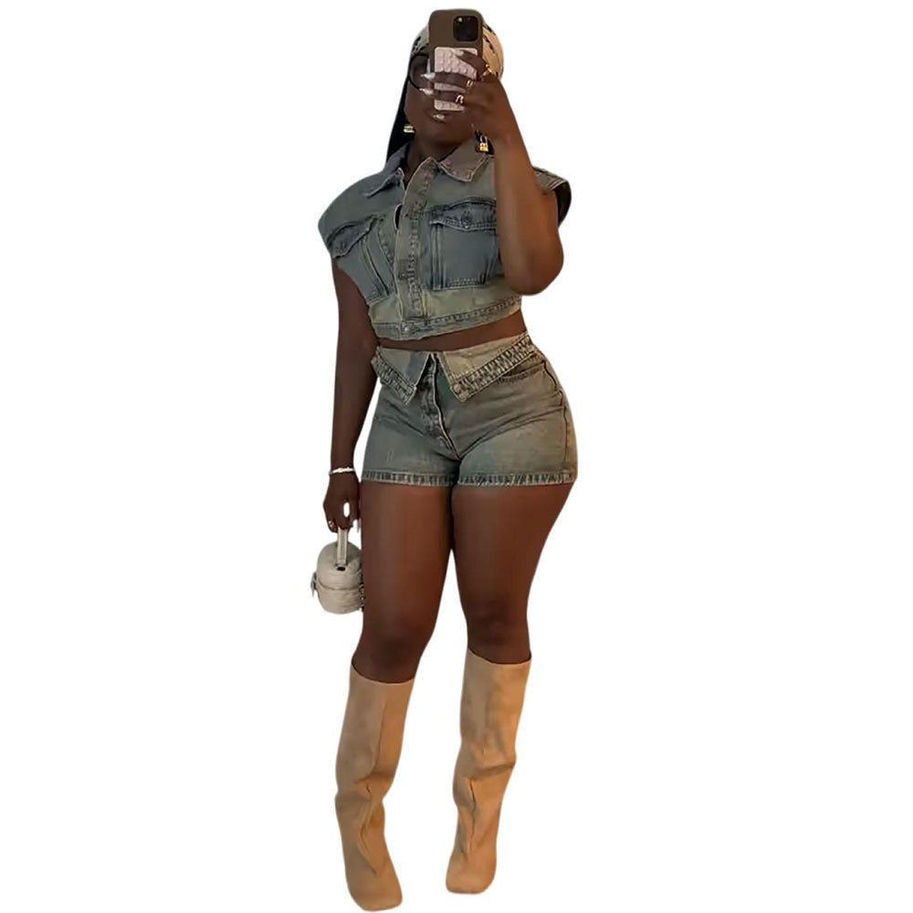 Women's denim jacket and high-waisted shorts