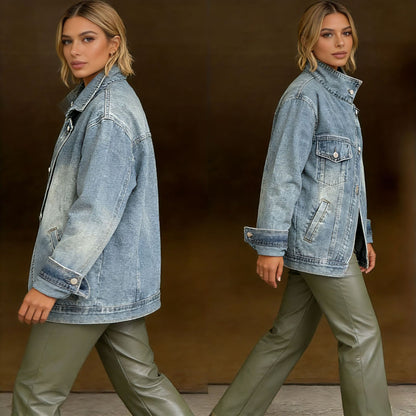 Women's denim jacket with single pocket design