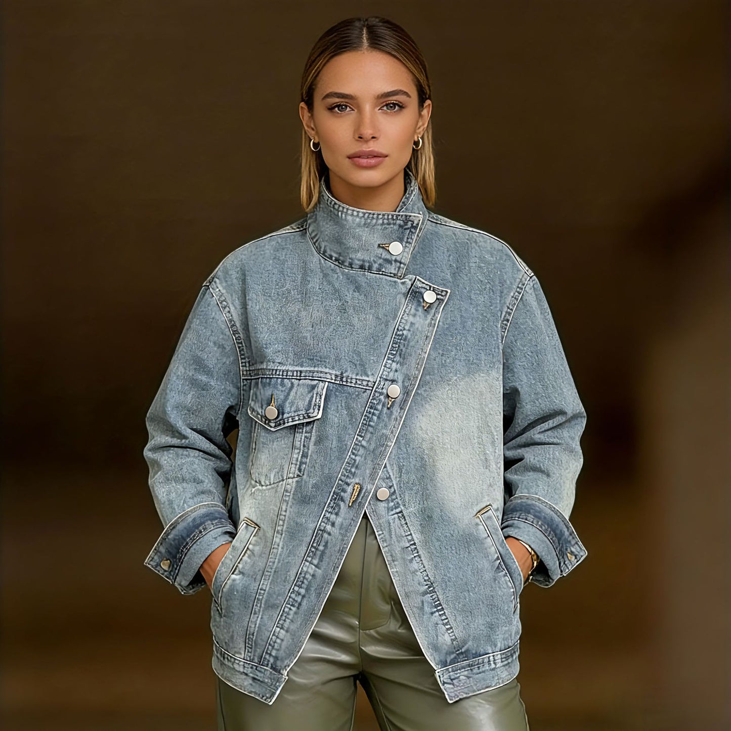 Women's denim jacket with single pocket design