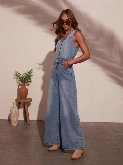 Women's Denim Jumpsuit Sleeveless V-Neck