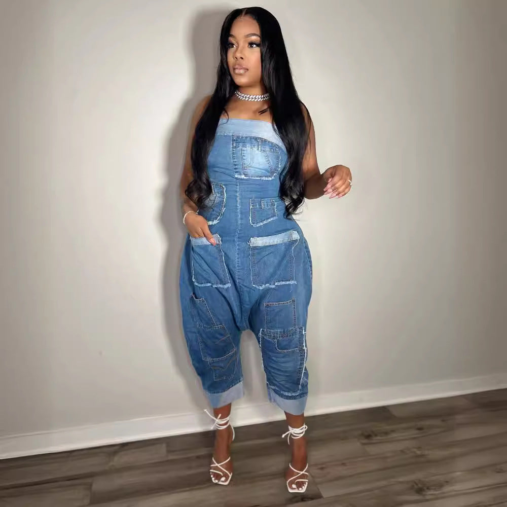 Women's Denim Jumpsuit with Multi-Pockets