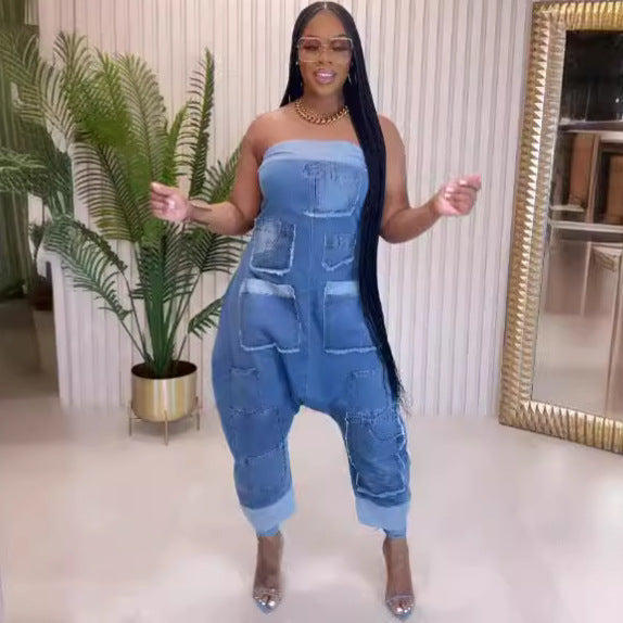 Women's Denim Jumpsuit with Multi-Pockets