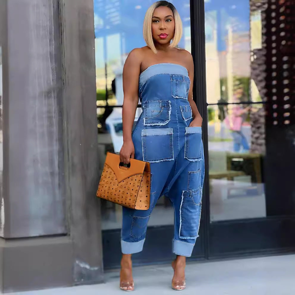 Women's Denim Jumpsuit with Multi-Pockets