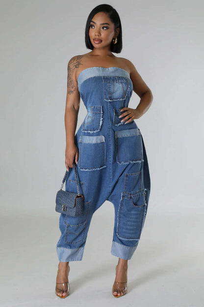 Women's Denim Jumpsuit with Multi-Pockets