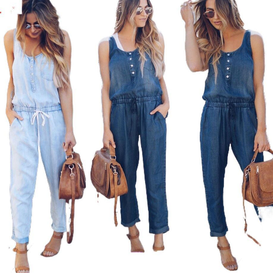 Women's Denim Jumpsuit with Waist Cinching