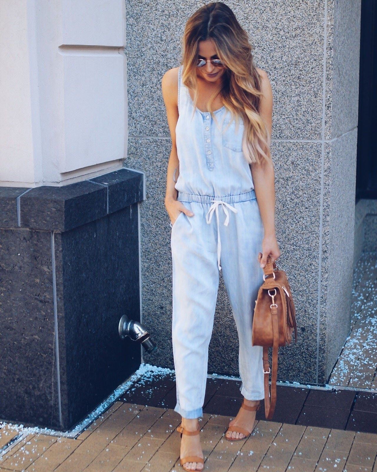 Women's Denim Jumpsuit with Waist Cinching