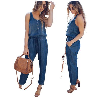 Women's Denim Jumpsuit with Waist Cinching