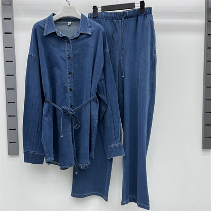 Women's Denim Polo Collar Casual Set