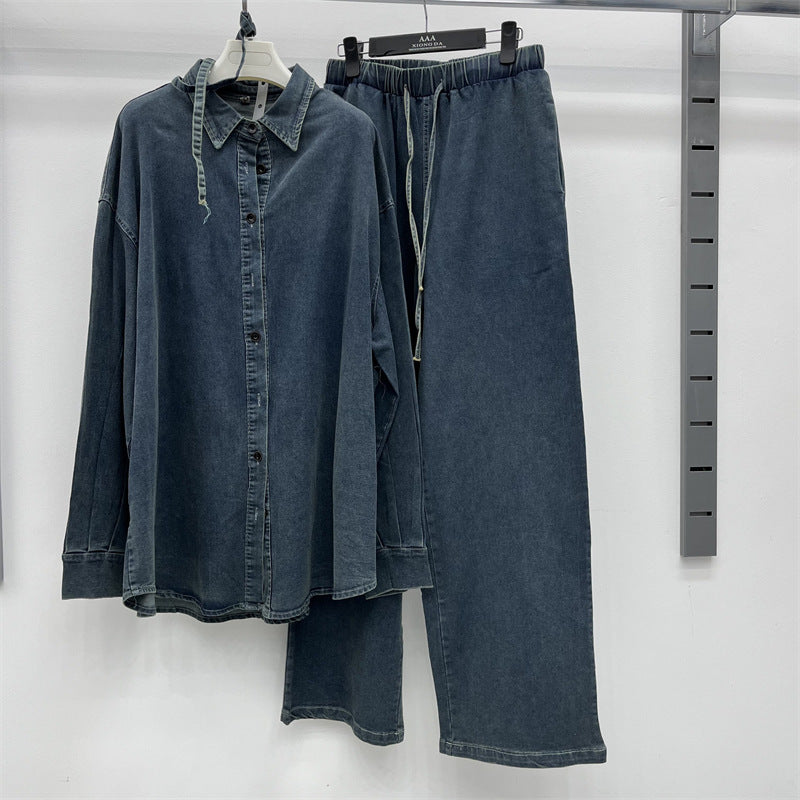 Women's Denim Polo Collar Casual Set